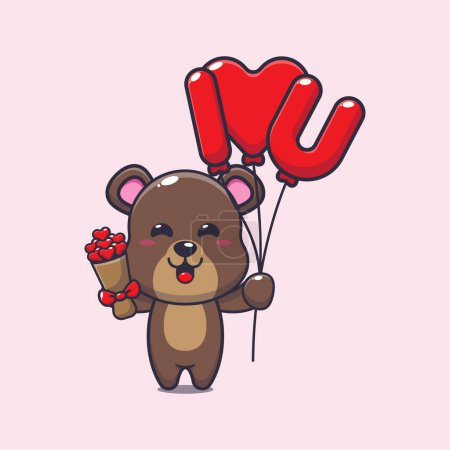 Ilustración de Cute bear cartoon character holding love balloon and love flowers.Vector cartoon Illustration suitable for poster, brochure, web, mascot, sticker, logo and icon. - Imagen libre de derechos