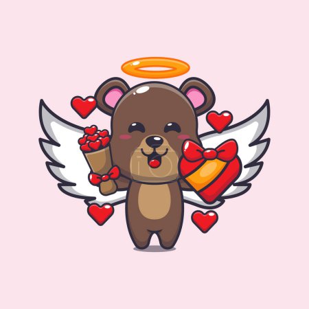 Illustration for Cute bear cupid cartoon character holding love gift and love bouquet.Vector cartoon Illustration suitable for poster, brochure, web, mascot, sticker, logo and icon. - Royalty Free Image