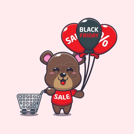 Téléchargez les illustrations : Cute bear with shopping cart and balloon at black friday sale. Vector cartoon Illustration suitable for poster, brochure, web, mascot, sticker, logo and icon. - en licence libre de droit