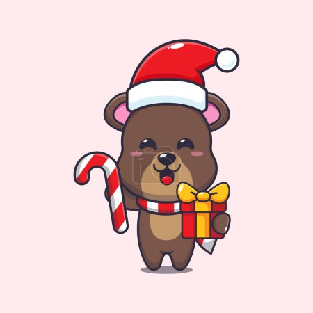 Téléchargez les illustrations : Cute bear holding christmas candy and gift. Cute christmas cartoon character illustration. Vector cartoon Illustration suitable for poster, brochure, web, mascot, sticker, logo and icon. - en licence libre de droit