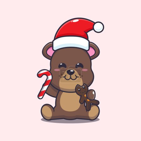 Illustration for Cute bear eating christmas cookies and candy. Cute christmas cartoon character illustration. Vector cartoon Illustration suitable for poster, brochure, web, mascot, sticker, logo and icon. - Royalty Free Image