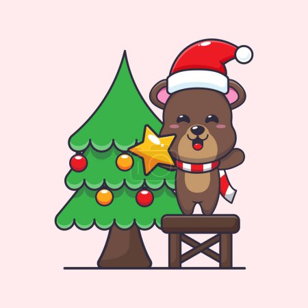 Illustration for Cute bear taking star from christmas tree. Cute christmas cartoon character illustration. Vector cartoon Illustration suitable for poster, brochure, web, mascot, sticker, logo and icon. - Royalty Free Image