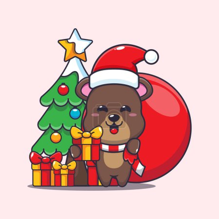 Illustration for Cute bear carrying christmas gift. Cute christmas cartoon character illustration. Vector cartoon Illustration suitable for poster, brochure, web, mascot, sticker, logo and icon. - Royalty Free Image
