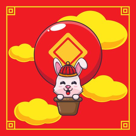 Illustration for Cute rabbit fly with air balloon in chinese new year. Vector cartoon Illustration suitable for poster, brochure, web, mascot, sticker, logo and icon. - Royalty Free Image