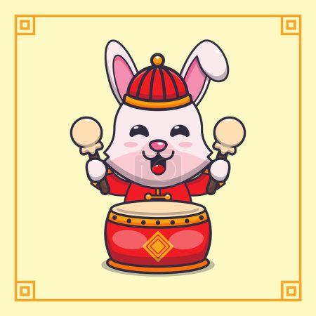 Illustration for Cute rabbit playing drum in chinese new year. Vector cartoon Illustration suitable for poster, brochure, web, mascot, sticker, logo and icon. - Royalty Free Image