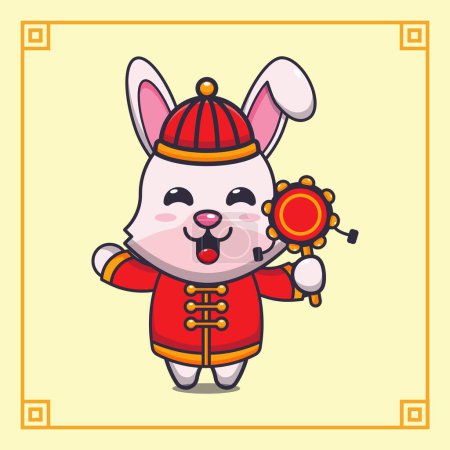 Téléchargez les illustrations : Cute rabbit playing drum toy in chinese new year. Vector cartoon Illustration suitable for poster, brochure, web, mascot, sticker, logo and icon. - en licence libre de droit