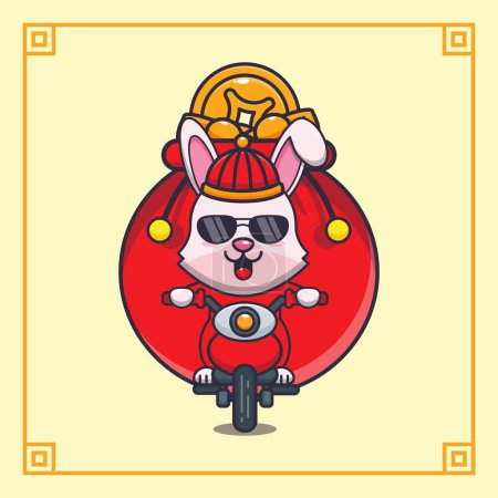 Téléchargez les illustrations : Cute rabbit riding a motorcycle with a lot of gold in chinese new year. Vector cartoon Illustration suitable for poster, brochure, web, mascot, sticker, logo and icon. - en licence libre de droit