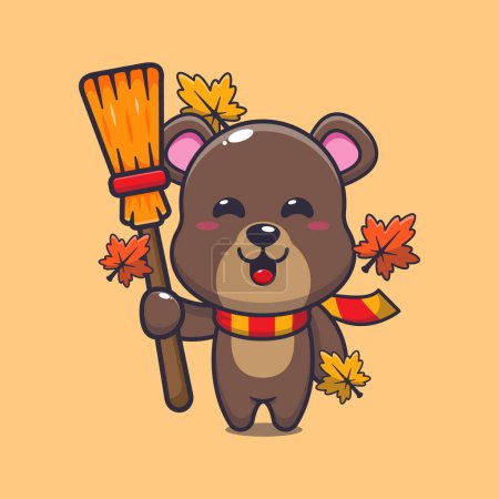 Ilustración de Lindo oso de otoño sosteniendo escoba. Ilustración de vectores de dibujos animados de mascotas adecuada para póster, folleto, web, mascota, pegatina, logotipo e icono. - Imagen libre de derechos