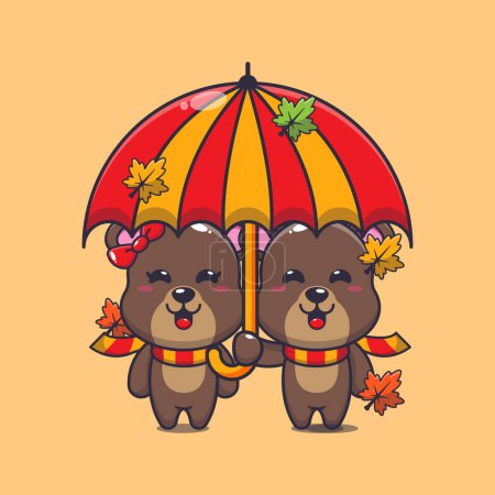 Illustration for Cute couple bear with umbrella at autumn season. Mascot cartoon vector illustration suitable for poster, brochure, web, mascot, sticker, logo and icon. - Royalty Free Image