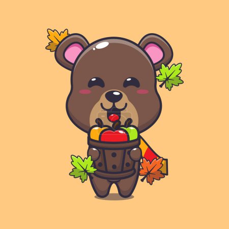 Ilustración de Bonito oso sosteniendo una manzana en un cubo de madera. Ilustración de vectores de dibujos animados de mascotas adecuada para póster, folleto, web, mascota, pegatina, logotipo e icono. - Imagen libre de derechos
