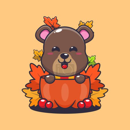Ilustración de Bonito oso en una calabaza en la temporada de otoño. Ilustración de vectores de dibujos animados de mascotas adecuada para póster, folleto, web, mascota, pegatina, logotipo e icono. - Imagen libre de derechos