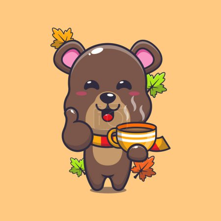 Illustration for Cute bear with coffee in autumn season. Mascot cartoon vector illustration suitable for poster, brochure, web, mascot, sticker, logo and icon. - Royalty Free Image