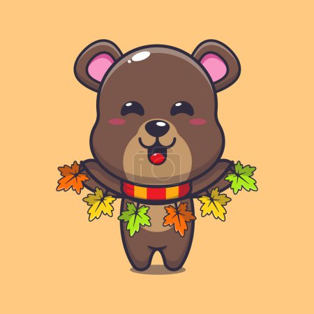 Illustration for Cute bear with autumn leaf decoration. Mascot cartoon vector illustration suitable for poster, brochure, web, mascot, sticker, logo and icon. - Royalty Free Image