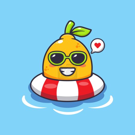 Illustration for Cute lemon with sunglasses swimming using buoy. - Royalty Free Image