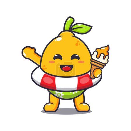 Illustration for Cute lemon with ice cream on beach. Cartoon vector illustration suitable for poster, brochure, web, mascot, sticker, logo, and icon. - Royalty Free Image