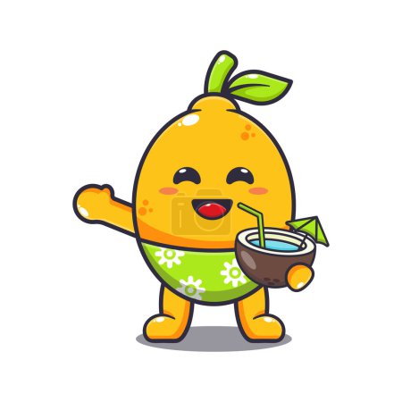 Ilustración de Lindo coco bebida de limón en la playa. Ilustración vectorial de dibujos animados adecuada para póster, folleto, web, mascota, pegatina, logotipo e icono. - Imagen libre de derechos