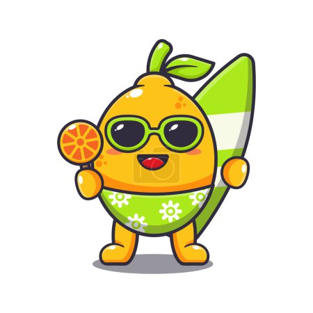 Illustration for Cute lemon holding surfboard and ice on beach. - Royalty Free Image