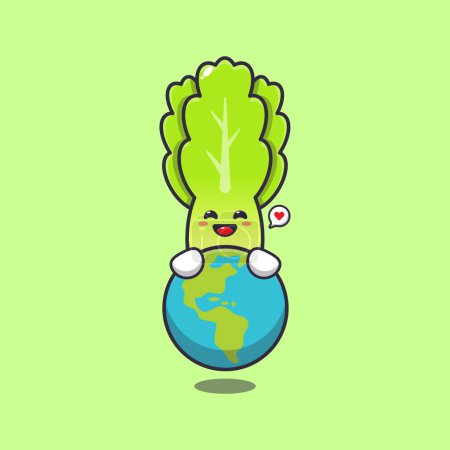 Téléchargez les illustrations : Cute lettuce hugging earth cartoon vector illustration. - en licence libre de droit