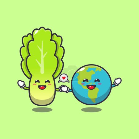 Illustration for Cute lettuce playing with earth cartoon vector illustration. - Royalty Free Image