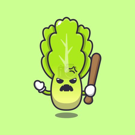 Ilustración de Cute angry lettuce holding baseball stick cartoon vector illustration. - Imagen libre de derechos