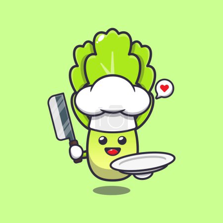Ilustración de Cute lettuce with chef hat holding knife and plate cartoon vector illustration. - Imagen libre de derechos