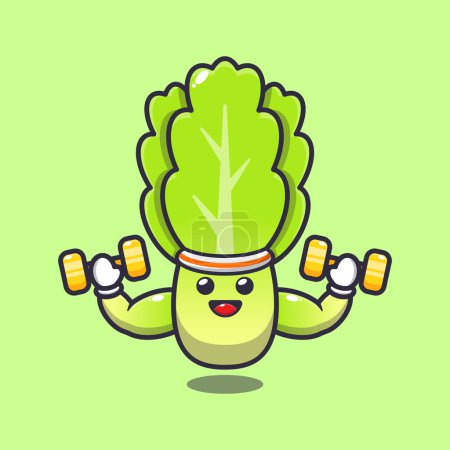 Ilustración de Cute lettuce lifting dumbbell cartoon vector illustration. - Imagen libre de derechos