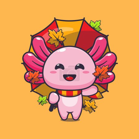 Illustration for Cute axolotl with umbrella at autumn season. Mascot cartoon vector illustration suitable for poster, brochure, web, mascot, sticker, logo and icon. - Royalty Free Image