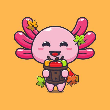 Ilustración de Cute axolotl holding a apple in wood bucket. Mascot cartoon vector illustration suitable for poster, brochure, web, mascot, sticker, logo and icon. - Imagen libre de derechos