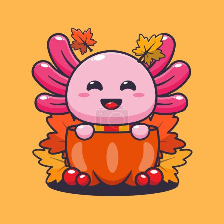Illustration for Cute axolotl in a pumpkin at autumn season. Mascot cartoon vector illustration suitable for poster, brochure, web, mascot, sticker, logo and icon. - Royalty Free Image
