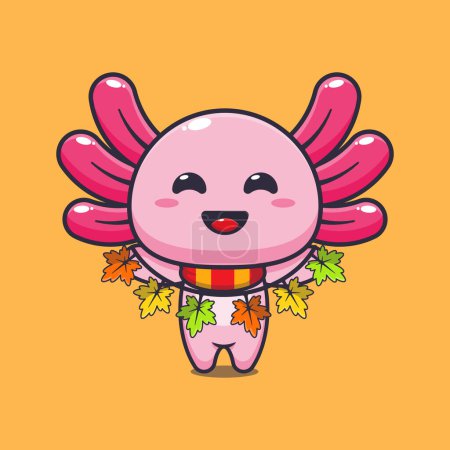 Ilustración de Cute axolotl with autumn leaf decoration. Mascot cartoon vector illustration suitable for poster, brochure, web, mascot, sticker, logo and icon. - Imagen libre de derechos