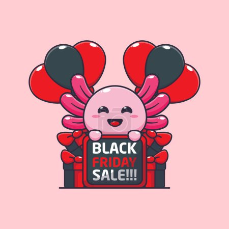 Téléchargez les illustrations : Mignon axolotl heureux en vente vendredi noir. Illustration vectorielle pour affiche, brochure, web, mascotte, autocollant, logo et icône. - en licence libre de droit
