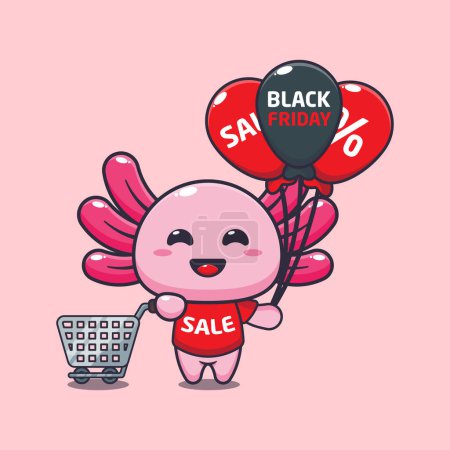 Téléchargez les illustrations : Axolotl mignon avec panier et ballon à la vente noir vendredi. Illustration vectorielle pour affiche, brochure, web, mascotte, autocollant, logo et icône. - en licence libre de droit