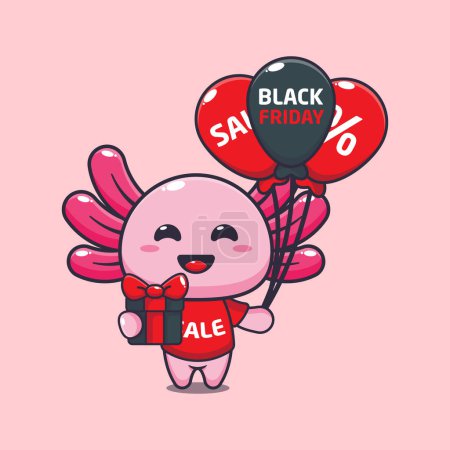 Ilustración de Lindo axolotl con regalos y globos en venta de viernes negro. Dibujos animados vectoriales Ilustración adecuada para póster, folleto, web, mascota, etiqueta engomada, logotipo e icono. - Imagen libre de derechos
