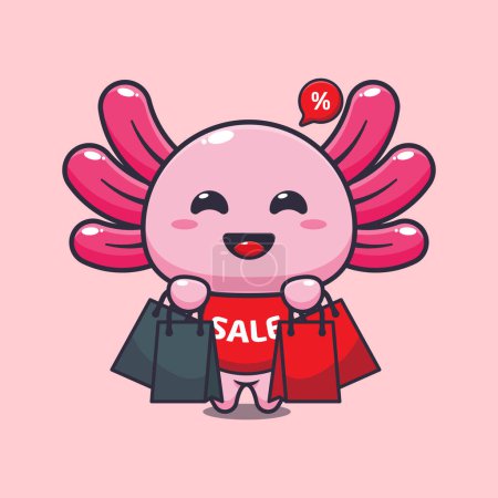 Ilustración de Cute axolotl with shopping bag in black friday sale. Vector cartoon Illustration suitable for poster, brochure, web, mascot, sticker, logo and icon. - Imagen libre de derechos