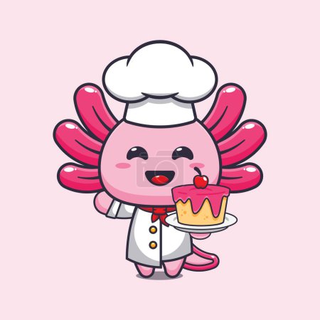 Téléchargez les illustrations : Cute chef axolotl with cake cartoon vector illustration. - en licence libre de droit