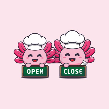 Téléchargez les illustrations : Cute chef axolotl with open and close sign board cartoon vector illustration. - en licence libre de droit