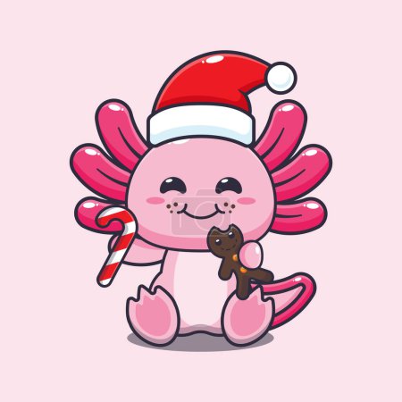 Ilustración de Cute axolotl eating christmas cookies and candy. Cute christmas cartoon character illustration. - Imagen libre de derechos