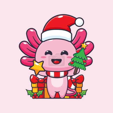 Téléchargez les illustrations : Cute axolotl holding star and christmas tree. Cute christmas cartoon character illustration. - en licence libre de droit