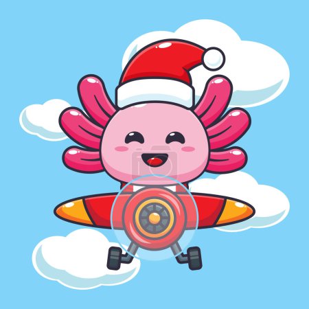 Ilustración de Lindo axolotl con sombrero de santa volando con avión. Lindo personaje de dibujos animados de Navidad ilustración. - Imagen libre de derechos