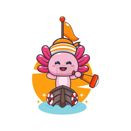 Ilustración de Linda mascota axolotl personaje de dibujos animados en el barco. - Imagen libre de derechos