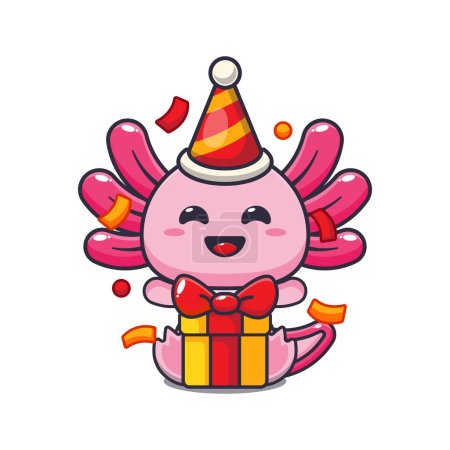Cute axolotl in birthday party cartoon vector illustration. 
