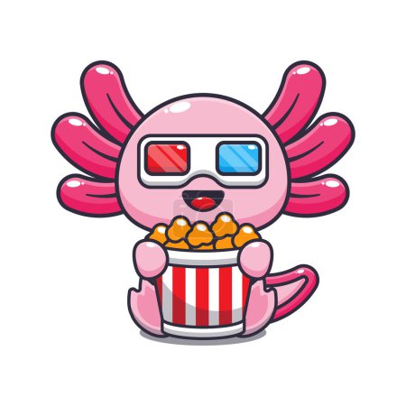 Illustration for Cute axolotl eating popcorn and watch 3d movie cartoon vector illustration. - Royalty Free Image