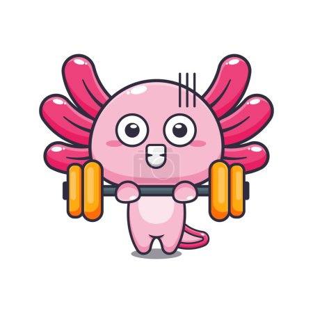 Téléchargez les illustrations : Cute axolotl lifting barbell cartoon vector illustration. - en licence libre de droit