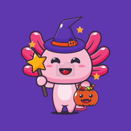 Téléchargez les illustrations : Sorcière axolotl le jour d'Halloween. Jolie illustration de dessin animé halloween. - en licence libre de droit