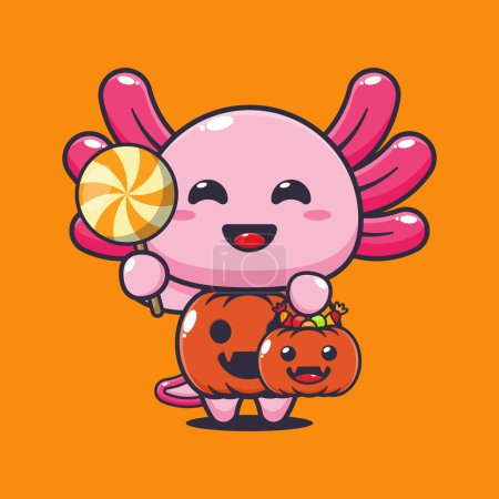 Ilustración de Lindo axolotl con traje de calabaza de halloween. Linda ilustración de dibujos animados de Halloween. - Imagen libre de derechos