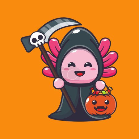 Illustration for Grim reaper axolotl holding scythe and halloween pumpkin. Cute halloween cartoon illustration. - Royalty Free Image