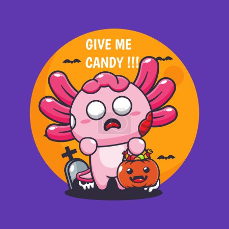Illustration for Zombie axolotl want candy. Cute halloween cartoon illustration. - Royalty Free Image