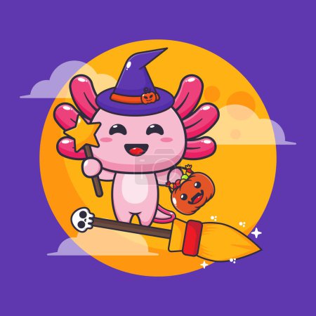 Illustration for Witch axolotl fly with broom in halloween night. Cute halloween cartoon illustration. - Royalty Free Image