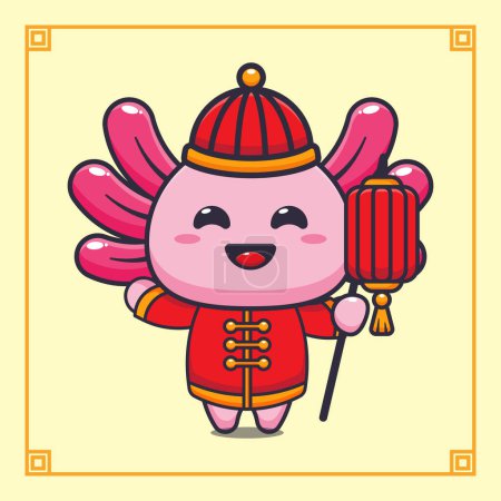 Téléchargez les illustrations : Mignon axolotl tenant lanterne en chinois nouvel an. - en licence libre de droit