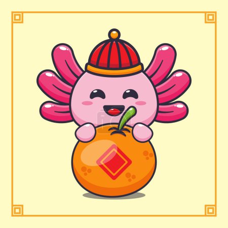 Illustration for Cute axolotl with big orange in chinese new year. - Royalty Free Image